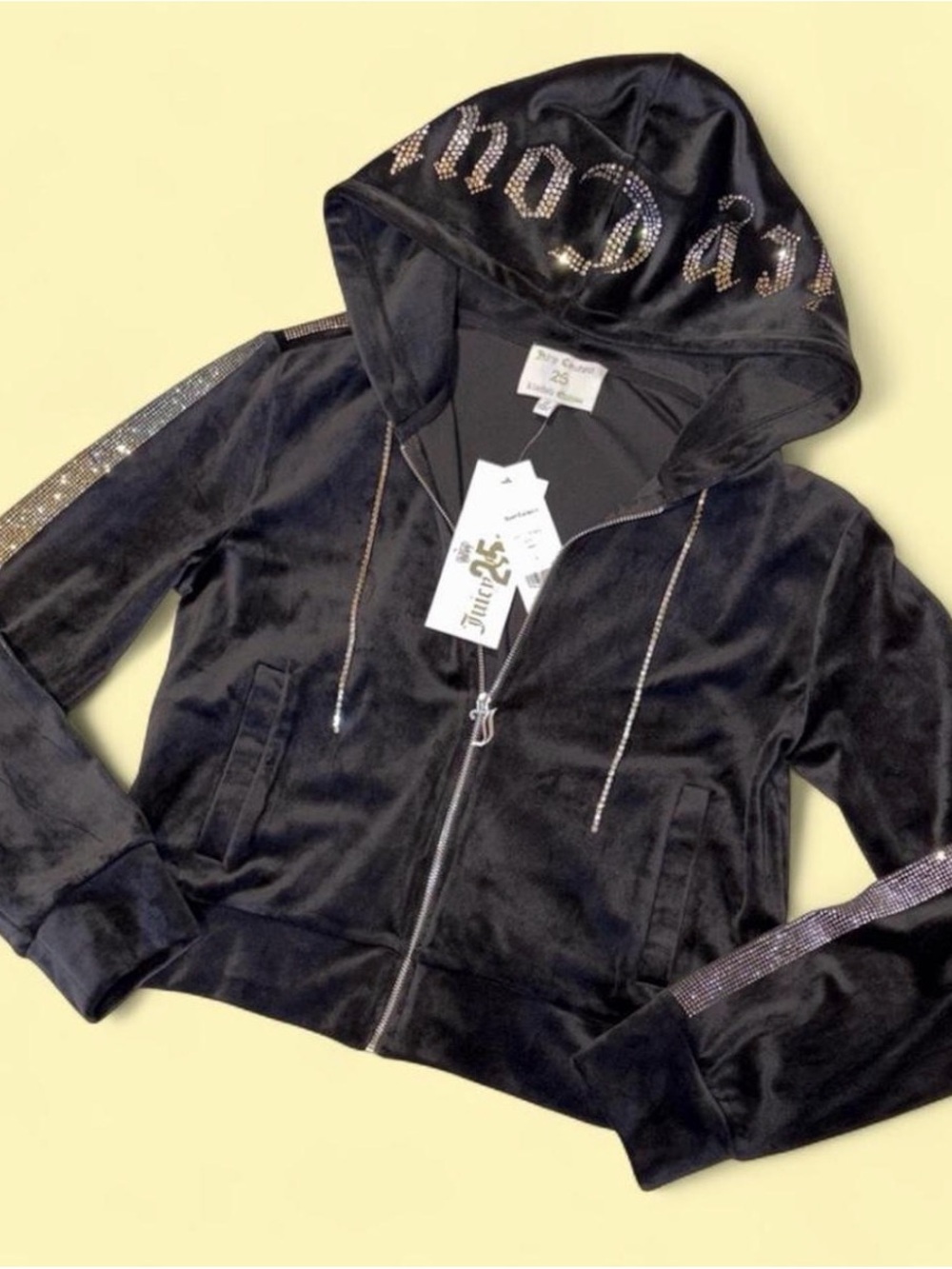 Juicy Couture LIMITED EDITION Black Velour Rhinestone-Trim Hoodie NWT